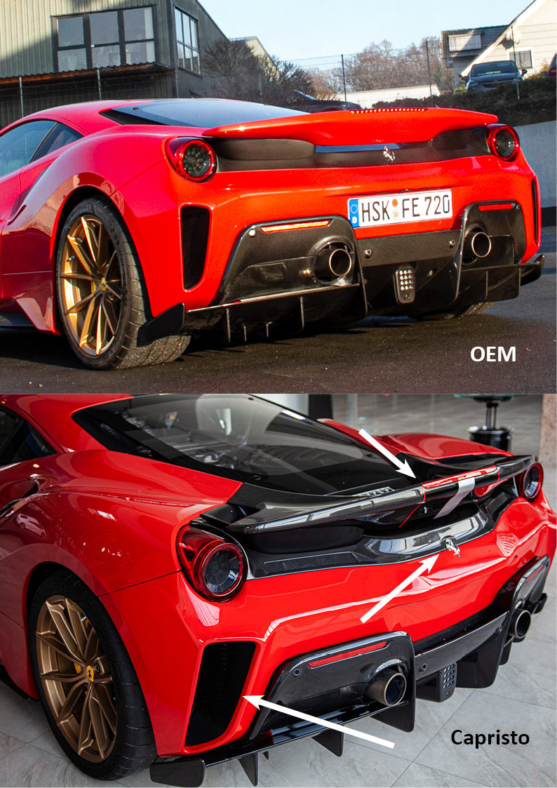 Ferrari 488 Pista comparison: OEM rear bumper versus Capristo carbon rear bumper