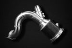 close view of Capristo 100 Cell Sports Cat Downpipes) for Porsche 536 Cayenne 3.0T / E-Hybrid 2019+ with black background