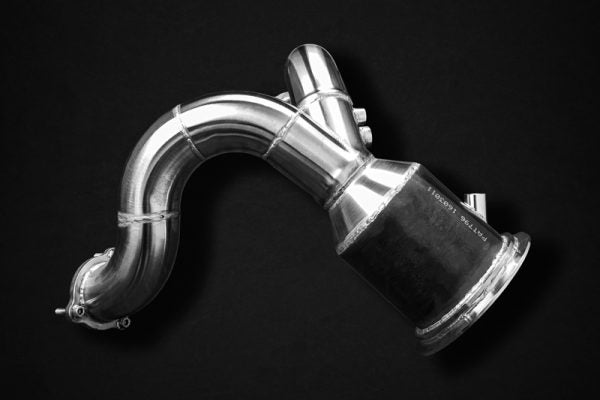 close view of Capristo 100 Cell Sports Cat Downpipes) for Porsche 536 Cayenne 3.0T / E-Hybrid 2019+ with black background