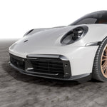 Porsche 992 Turbo S carbon front spoiler with side fins, front 3/4 view