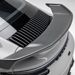 Vorsteiner rear wing over engine grille on 992 Turbo S, top-down detail