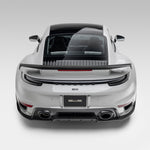 Silver 992 Turbo S with rear wing, overhead rear view