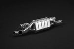wide front view of Capristo Valved ECE Exhaust Muffler (CES3 REMOVED) For Porsche 991/991.2 Turbo / S 2013-2020 with black background