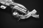 close front view of Capristo Valved ECE Exhaust Muffler (CES3 REMOVED) For Porsche 991/991.2 Turbo / S 2013-2020 with black background