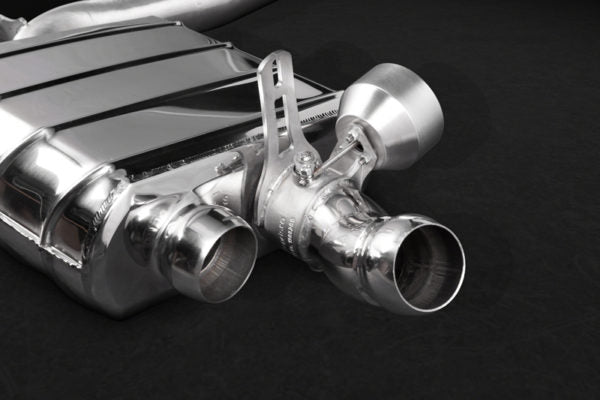 close view of Capristo Valved Exhaust (CES3) for Porsche 958.2 Cayenne / S 2015-2018 with black background