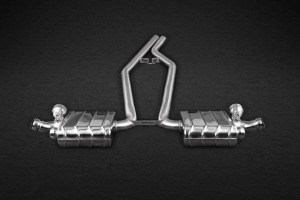 wide front view of Capristo Valved Exhaust (CES3) for Porsche 958.2 Cayenne / S 2015-2018 with black background