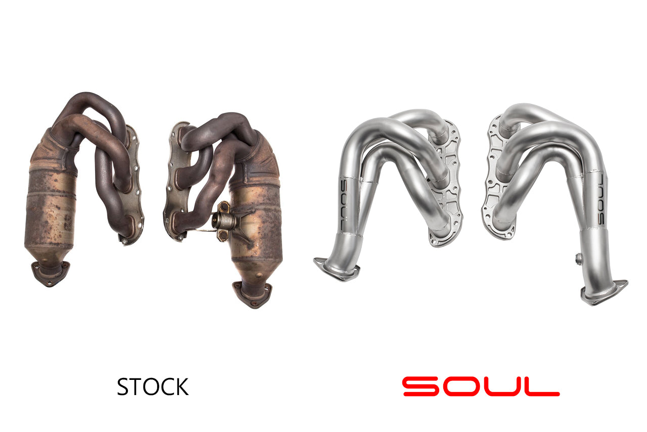 Soul 987.2 Boxster / Cayman competition headers: stock headers beside the SOUL competition headers