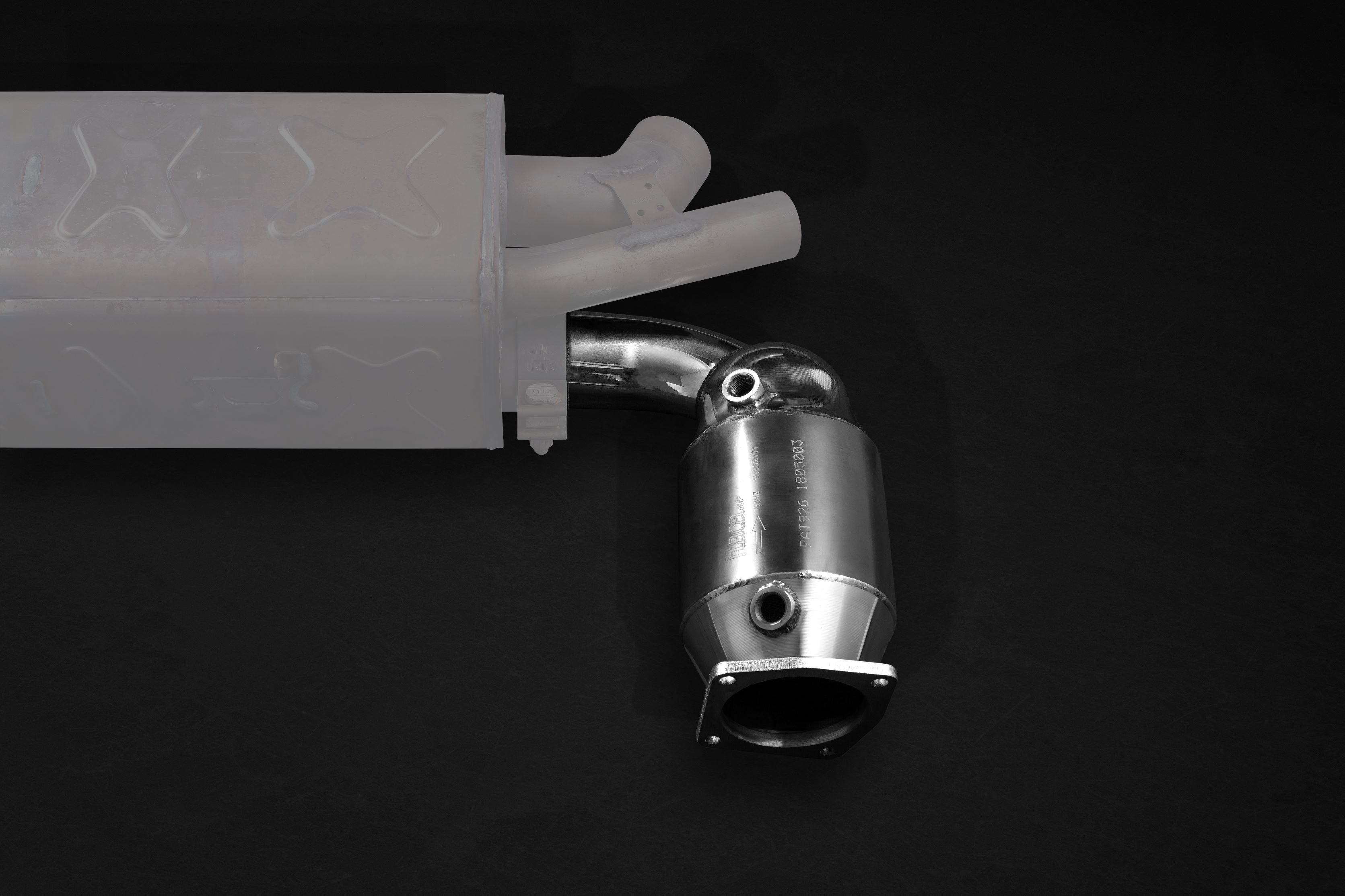 Close-up of Capristo 991 Turbo sport cat attached to muffler mock-up