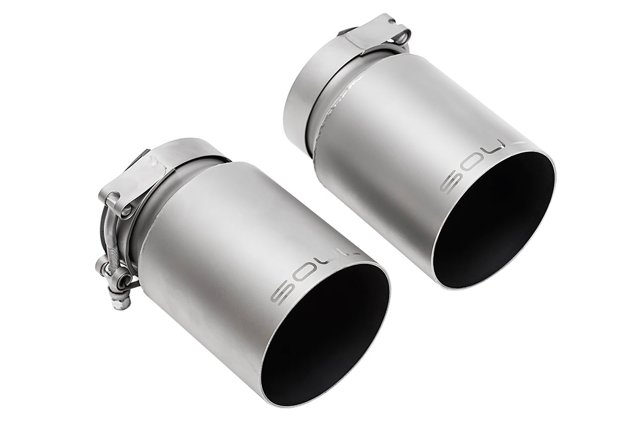 Soul 991.2 Carrera PSE trackback turbo back exhaust: pair of satin tips with clamps, view 2