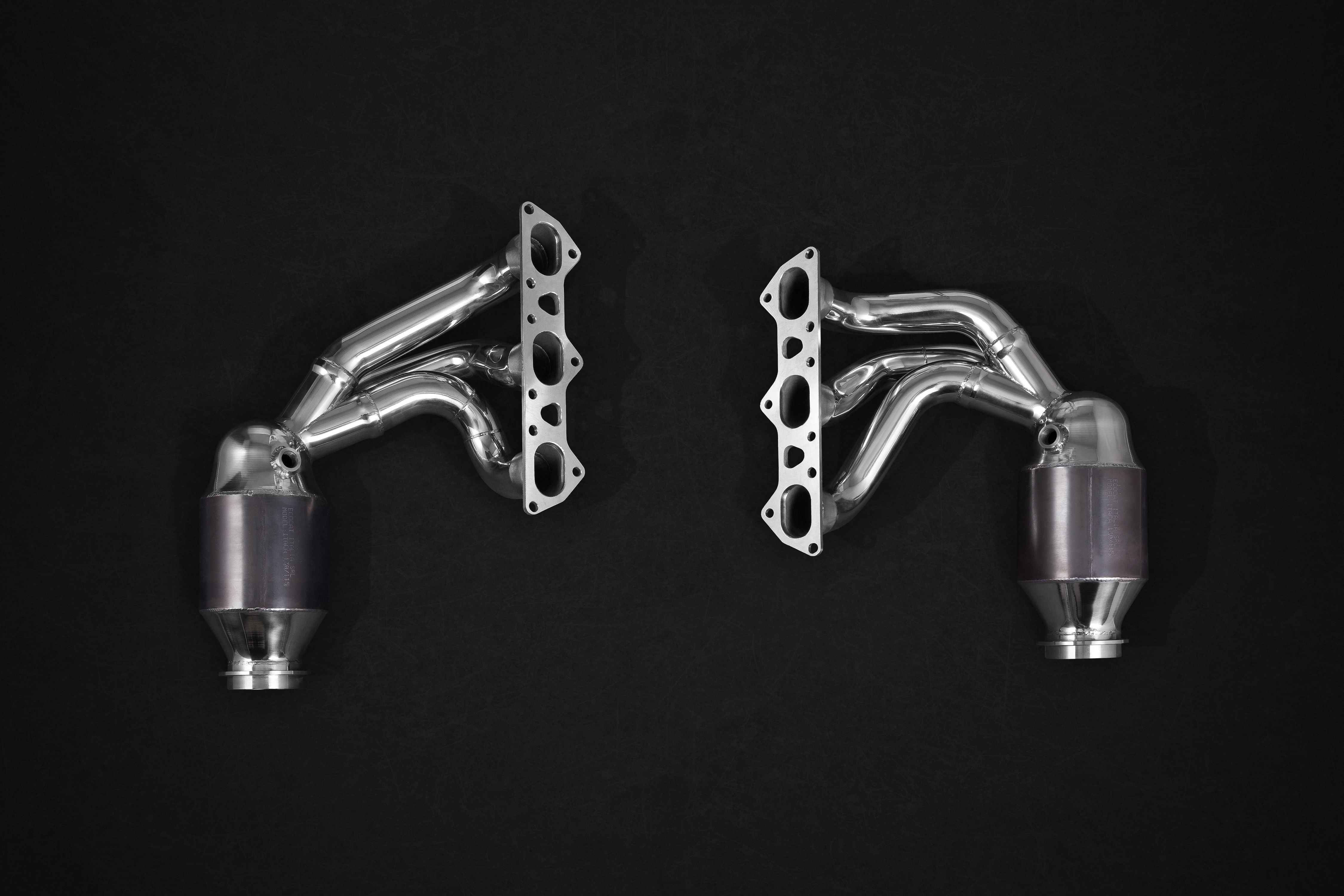 Pair of Capristo 991.2 GT3 RS headers with sport cats, polished stainless