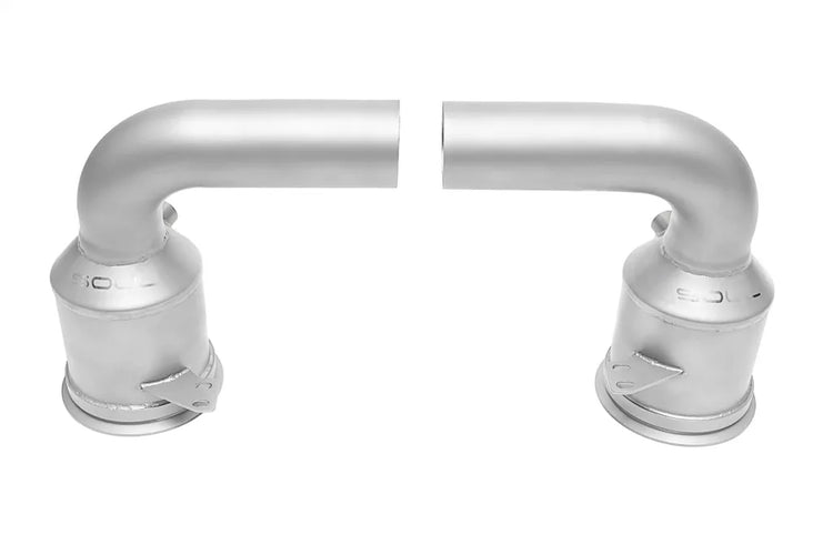 A front view of Soul Performance Sport Catalytic Converters | Porsche 992.2 Carrera (Base / T / S) 2025+ with white background