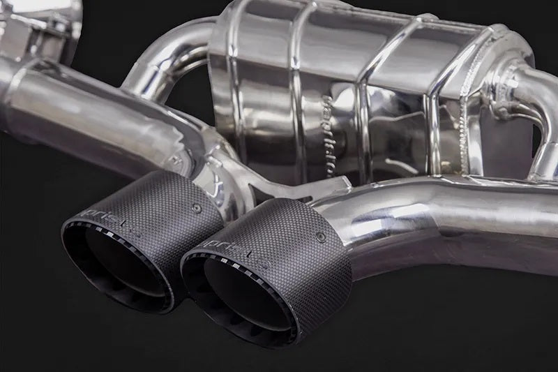 Close-up of Capristo carbon tips on 992 GT3 valved exhaust
