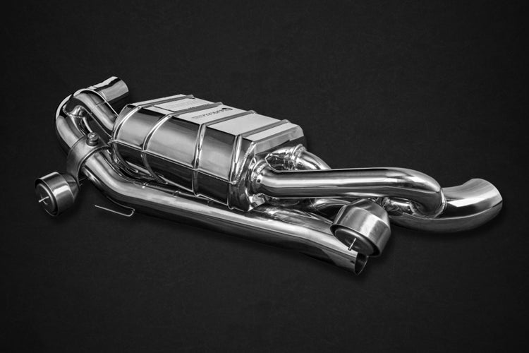 close view of Capristo Valved Exhaust with Cat Spare Pipes (CES3 Version) for Porsche 992 2019-2024 with black background