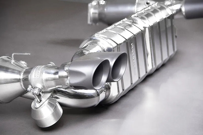 Close-up of polished twin round tips on Capristo Porsche 997.1 Turbo valved exhaust
