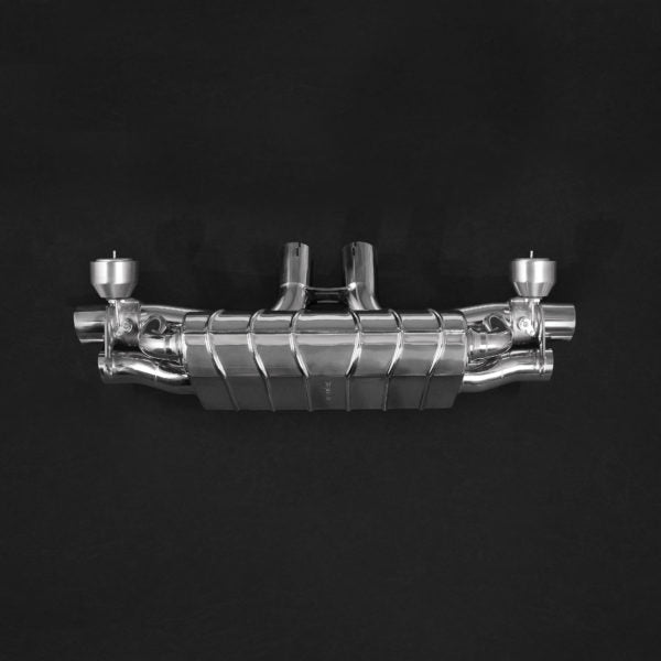 wide view of Capristo Valved Exhaust with Mid-Silencer Delete and Carbon Tips (CES3) for Porsche 536 Cayenne 3.0T / E-Hybrid 2019+ with black background