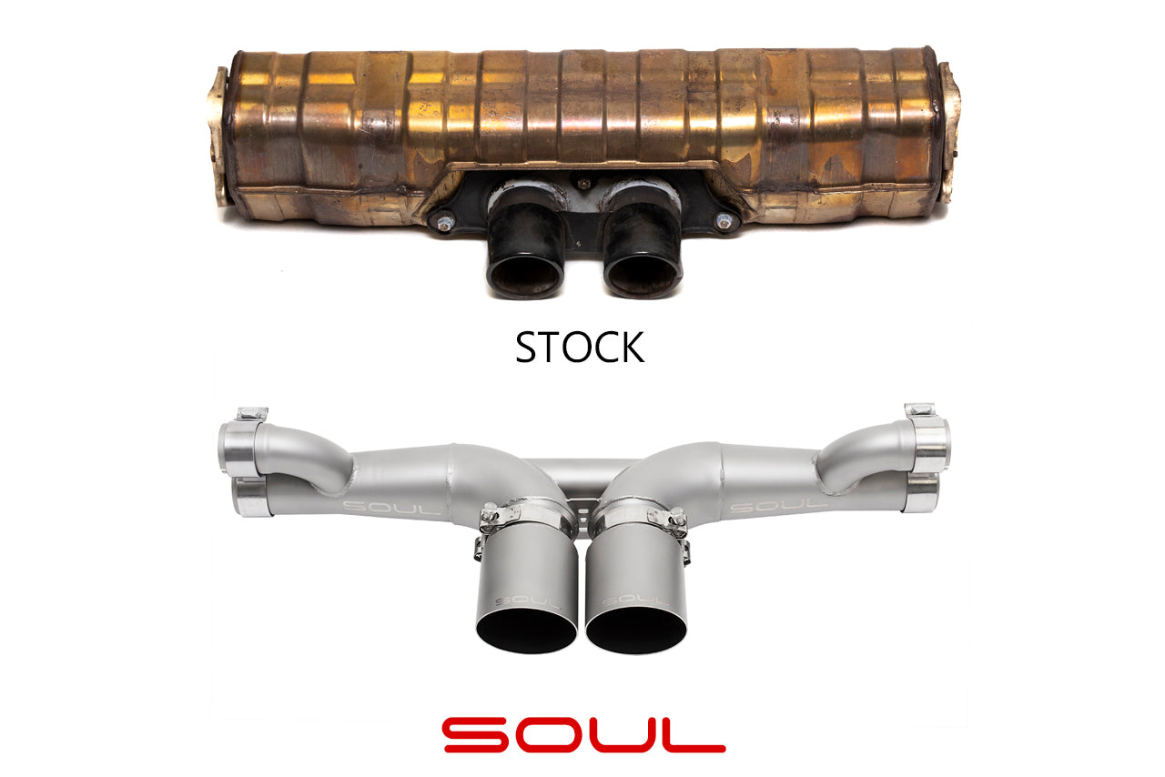 Soul 991 GT3 / GT3 RS center muffler bypass exhaust: stock center muffler above the SOUL bypass