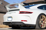 991 GT3 / GT3 RS center muffler bypass exhaust: white 991 GT3 rear three-quarter view with the
