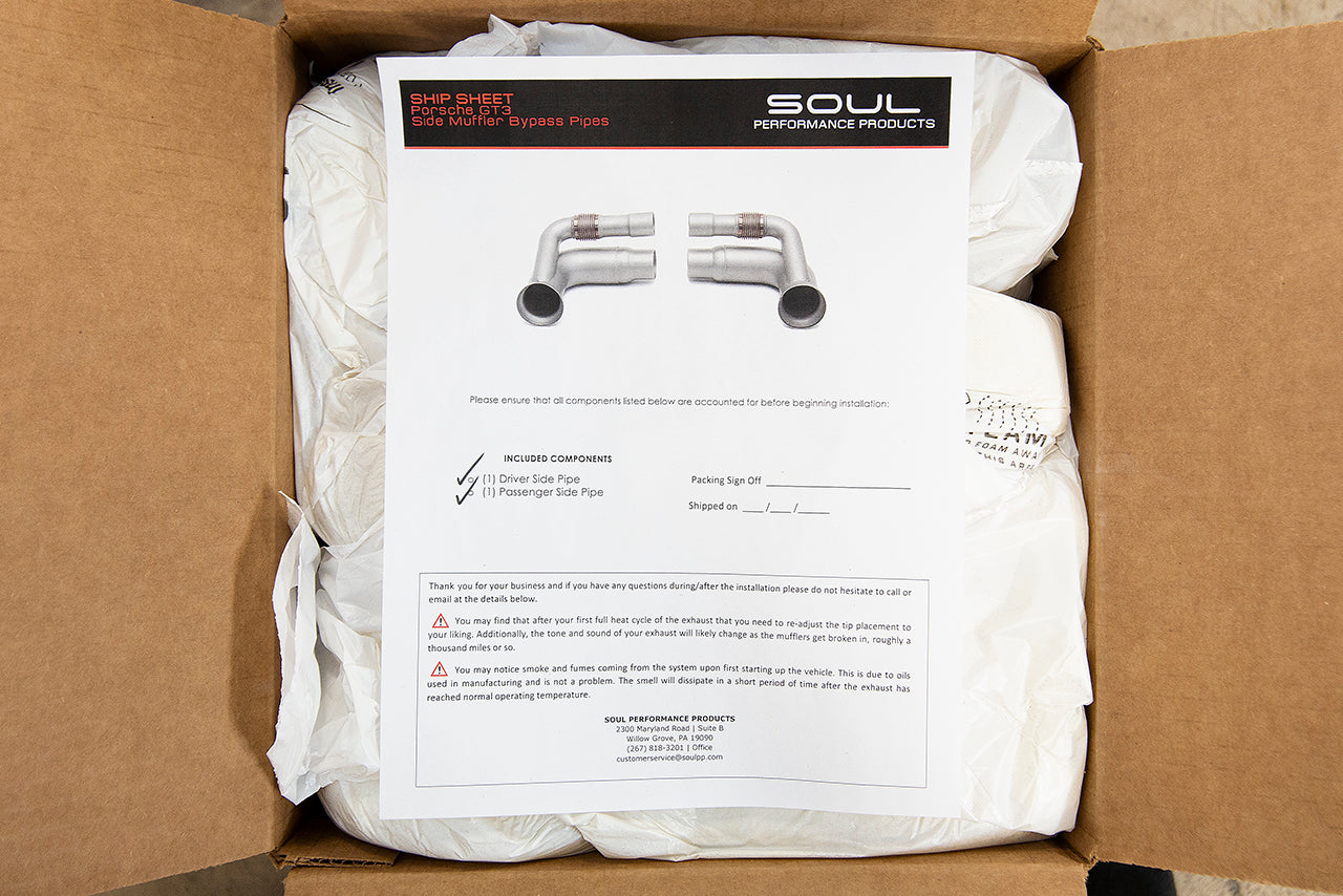 Soul 997 GT3 / GT3 RS side muffler bypass pipes: pipes packed in the shipping box