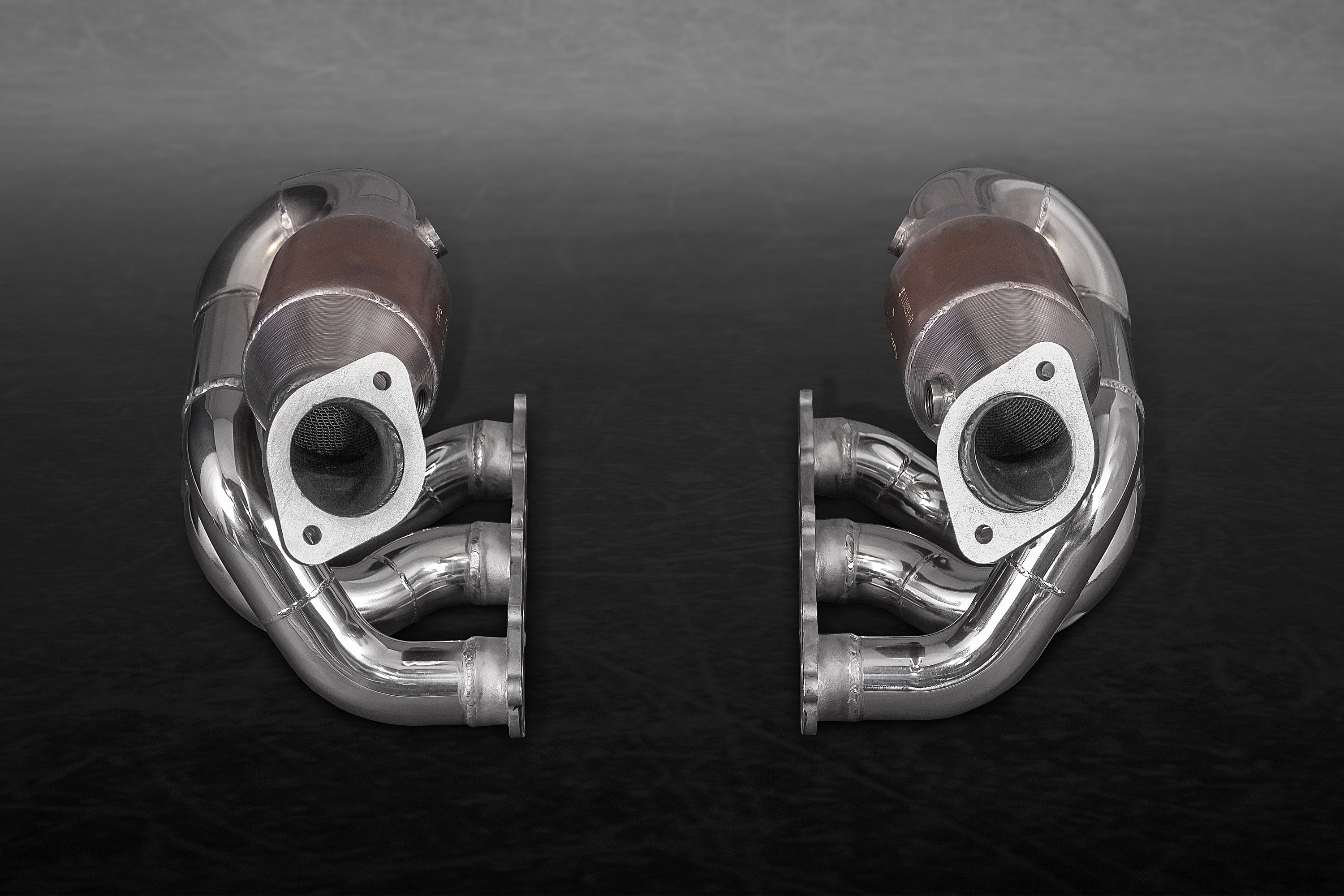 Capristo headers with sport cats for the Porsche 981 Boxster/Cayman/GT4, end view