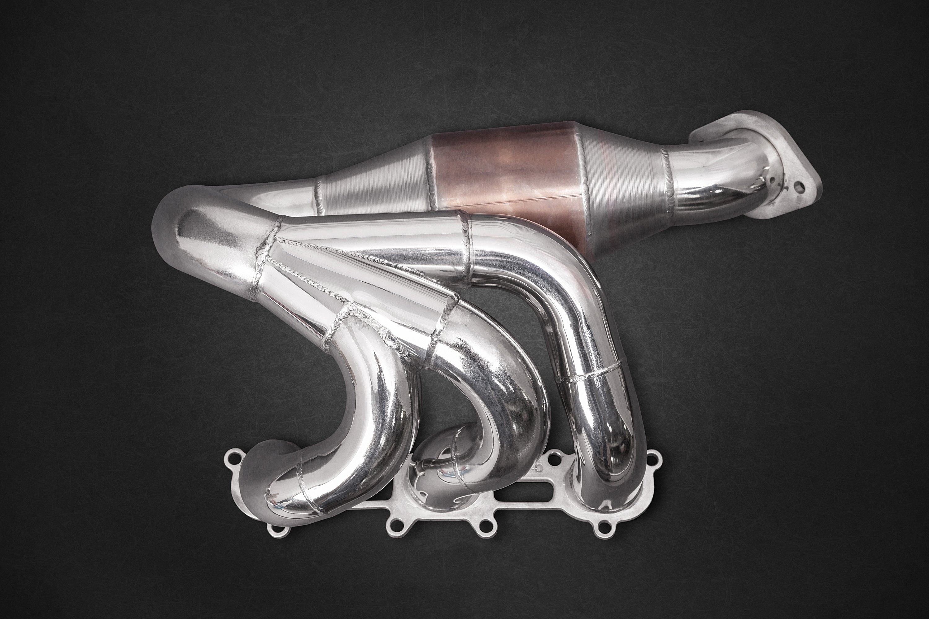 Capristo headers with sport cats for the Porsche 981 Boxster/Cayman/GT4, side view