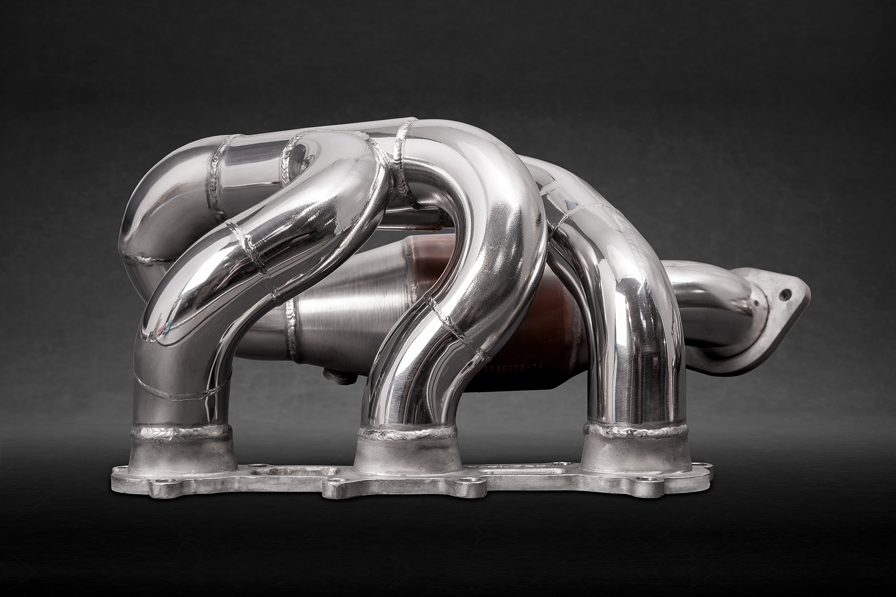 Capristo headers with sport cats for the Porsche 981 Boxster/Cayman/GT4, rear angle