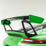 Aluminum extended wing risers on green Porsche 991.2 GT2 RS, rear 3/4