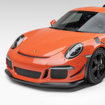 Carbon front apron on orange Porsche 991.1 GT3 RS, front 3/4 view