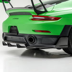 Carbon EVO rear diffuser on green Porsche 991.2 GT2 RS, rear view