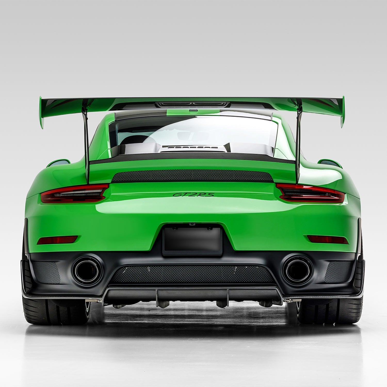 Green 991 GT2 RS with EVO rear diffuser, straight rear view