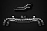 wide top view of Capristo Valved Exhaust with Mid-Silencer Delete and Carbon Tips (CES3) for Porsche 536 Cayenne S 2.9 BiTurbo 2019+ with black background