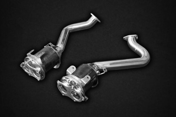 close side view of Capristo Complete Valved Exhaust System with Carbon Tips (for PSE) for Porsche 718 Spyder / GTS / Cayman GT4 2017+ with black background