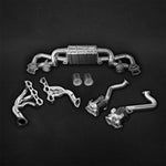 wide view of Capristo Complete Valved Exhaust System with Carbon Tips (for PSE) for Porsche 718 Spyder / GTS / Cayman GT4 2017+ with black background