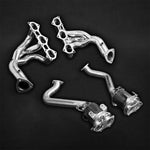 wide view of Capristo Set: Header Manifolds and 100 Cell Sport Cats for Porsche 718 Spyder / GTS / Cayman GT4 2017+ with black background