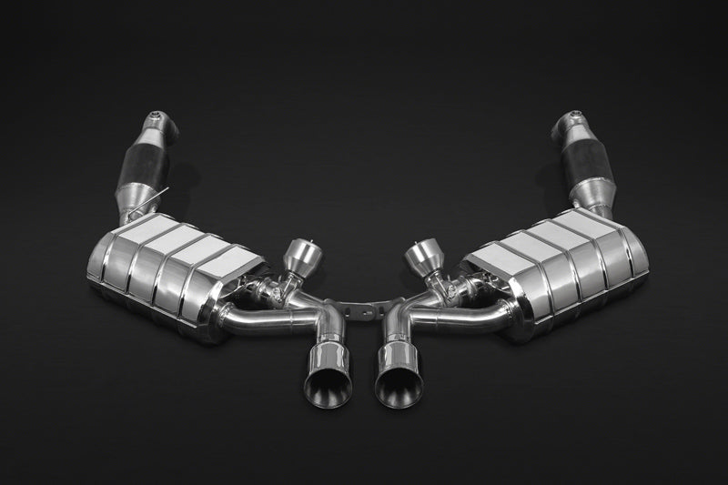 Capristo valved exhaust with 250-cell sport cats for the Porsche 987.2 Boxster/Cayman, rear view