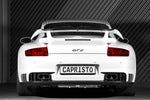 White Porsche 997 GT2 rear view with Capristo exhaust and twin tips each side