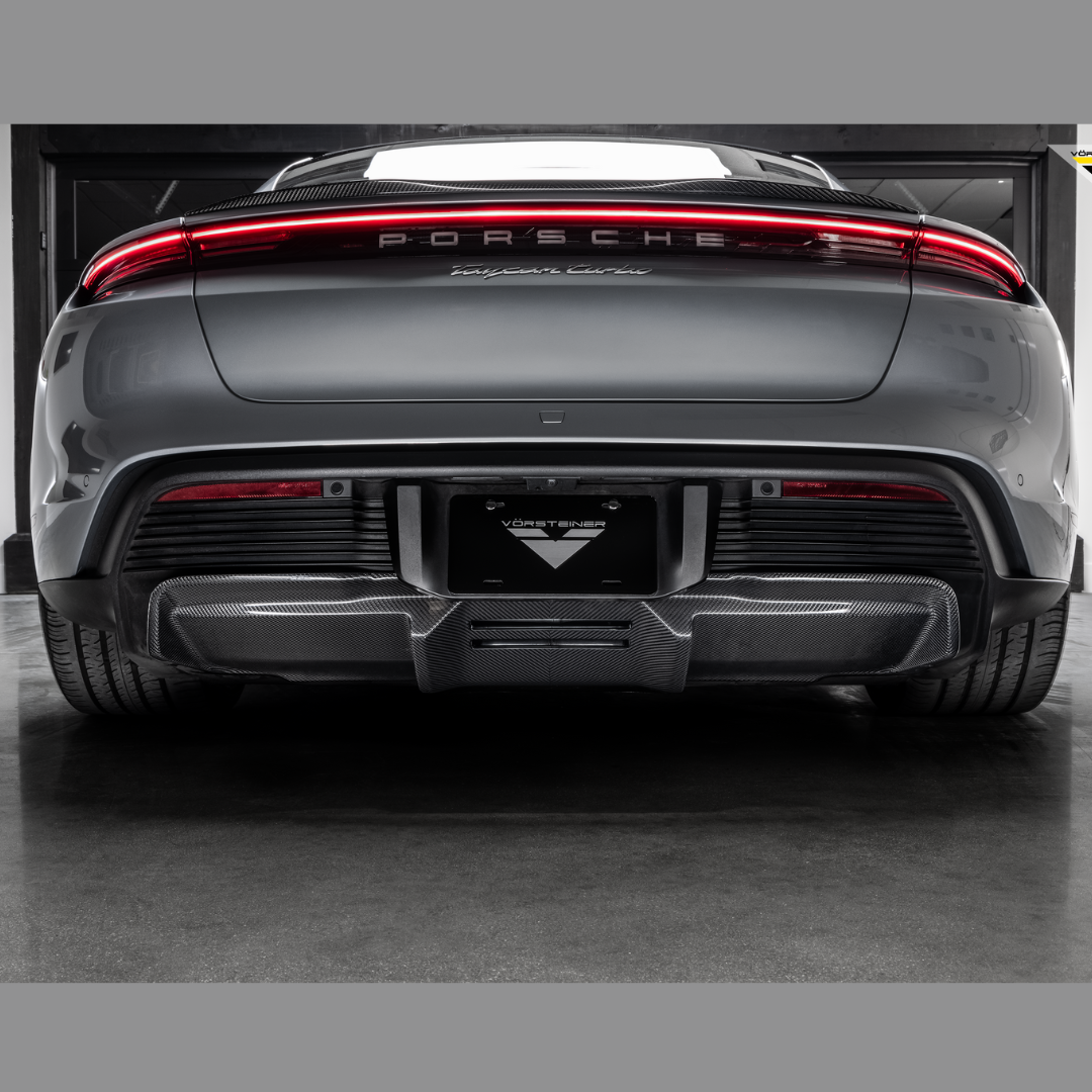 Taycan Turbo with decklid spoiler, low straight rear view