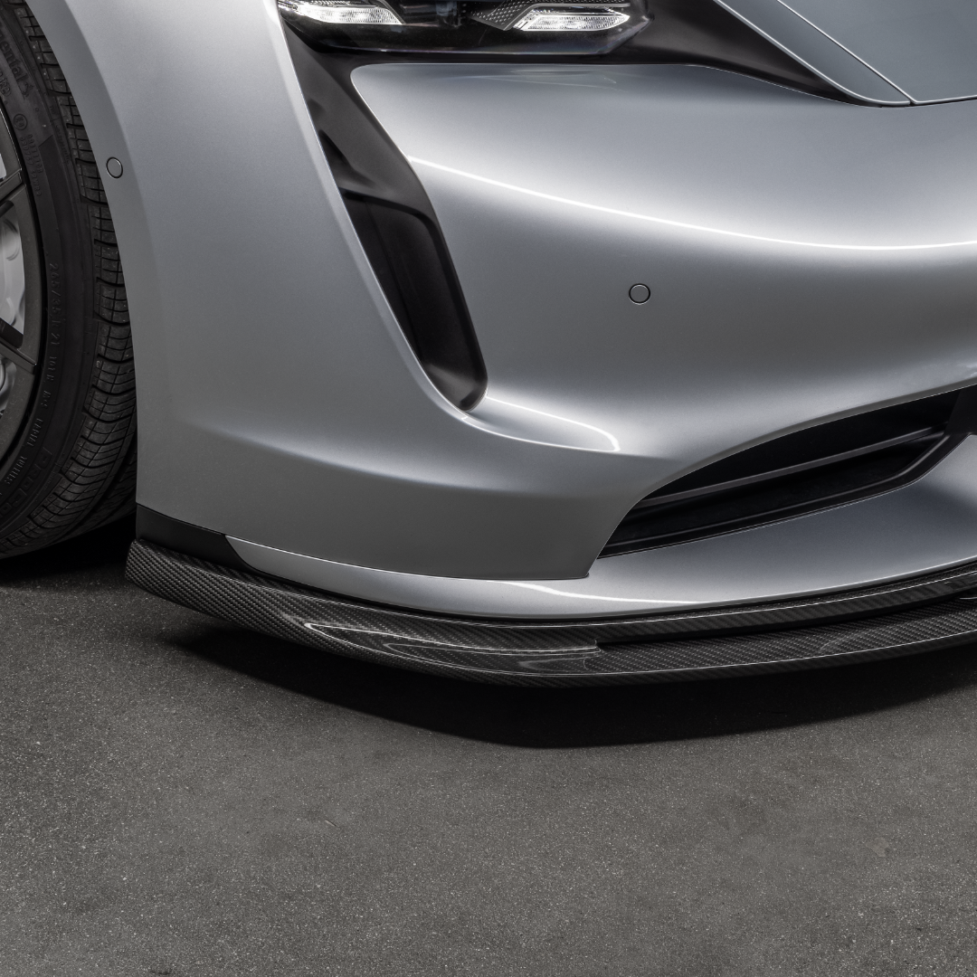 GW9 front spoiler end on Taycan bumper, side close-up