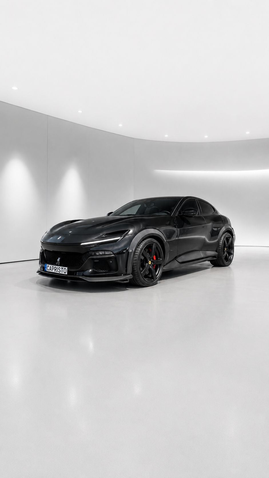 Black Ferrari Purosangue front three-quarter view with Capristo carbon front spoiler