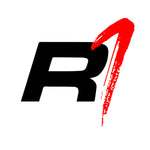A front view of R1 written with white background with the R in black and 1 in red