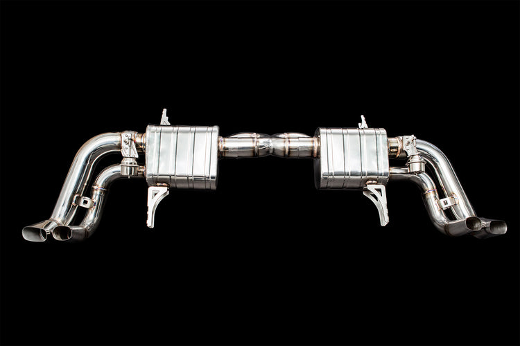 A front view of IPE SS Cat-Back Exhaust System with Remote Control for Audi R8 V10 PLUS MK2 2017-2019 with black background