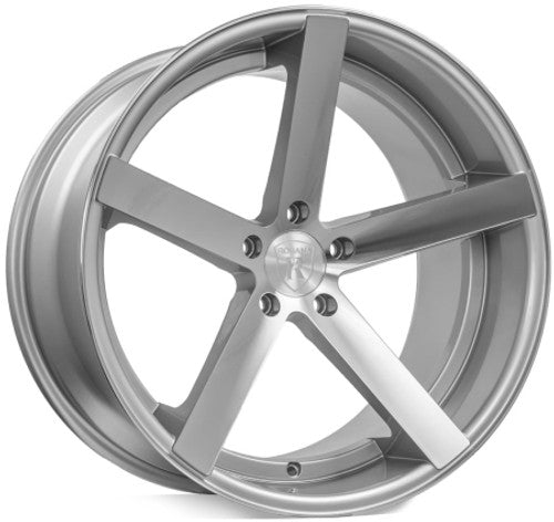 A front view of Rohana RC22 Wheel 20x10 5x108 42mm Machine Silver with white background