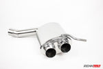 A close up view of RENNtech Stainless Steel Sport Mufflers for Bentley Continental SS / GT / GTC Speed muffler with white background