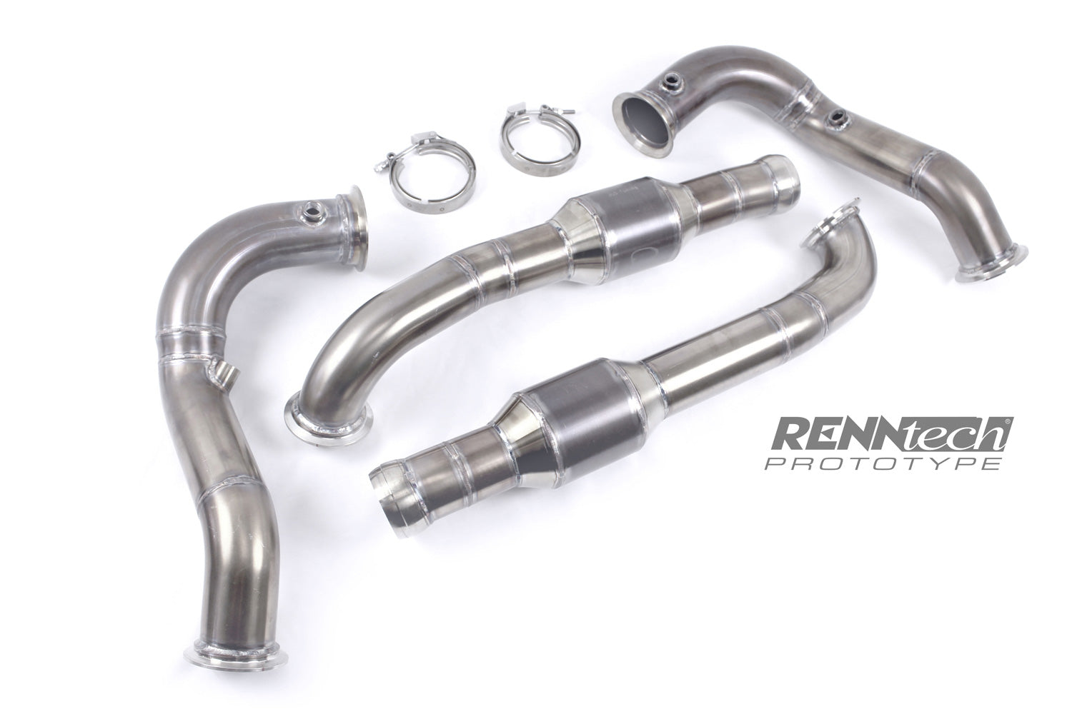 RennTech AMG GT downpipes and fittings laid out - R2 Performance Package for the 2016-2021 AMG GT