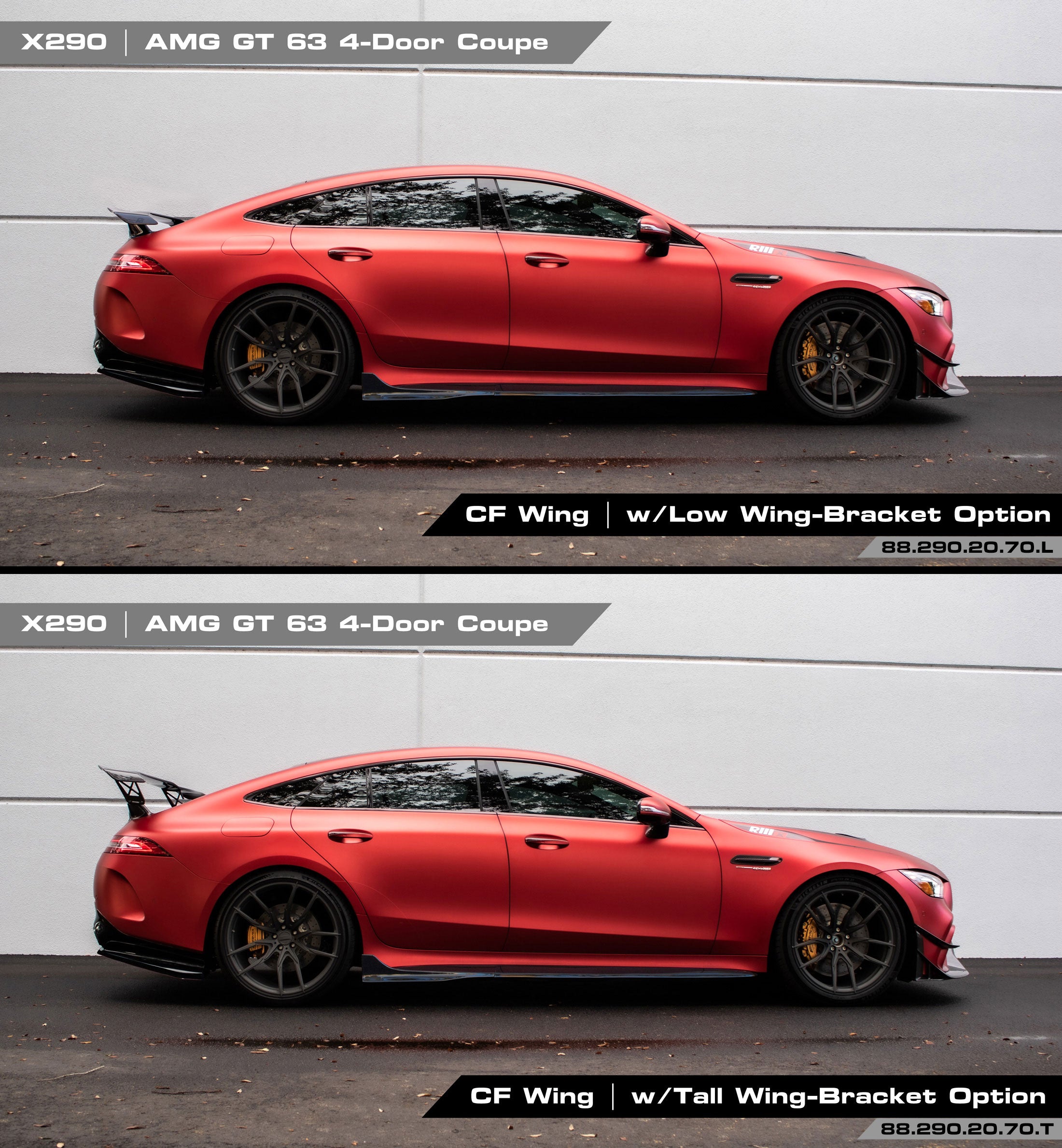 Red X290 car with the carbon wing in standard and low bracket options - Carbon Fiber Rear Wing for the 2019-2026 AMG GT 4-Door Coupe