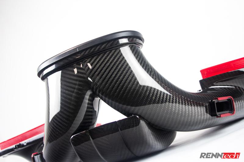 Carbon intake duct with red RennTech accents from the side - R1 Performance Package for the 2012-2013 C 63 AMG Black Series
