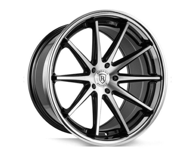 A front view of Rohana Wheels RFC10 Wheel 19x10.5 5x120 30mm Machine Black w/ Chrome Lip with white background