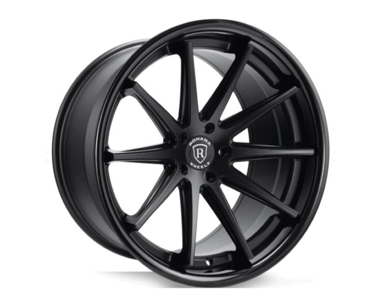 A front view of Rohana Wheels RFC10 Wheel 19x8.5 5x112 25mm Matte Black w/ Gloss Black Lip with white background