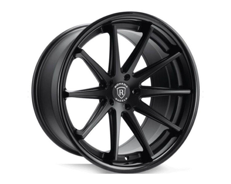 A front view of Rohana Wheels RFC10 Wheel 19x9.5 5x112 42mm Matte Black w/ Gloss Black Lip with white background