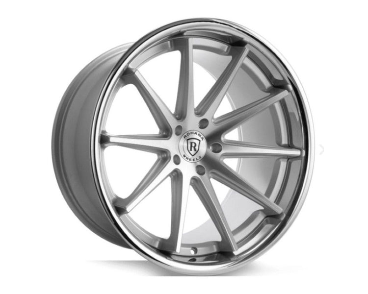 A front view of Rohana Wheels RFC10 Wheel 19x8.5 5x112 25mm Machine Silver w/ Chrome Lip with white background