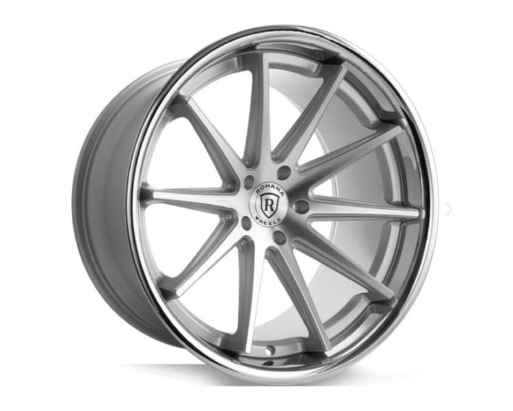 A front view of Rohana Wheels RFC10 Wheel 22x10.5 5x112 40mm Machine Silver w/ Chrome Lip with white background